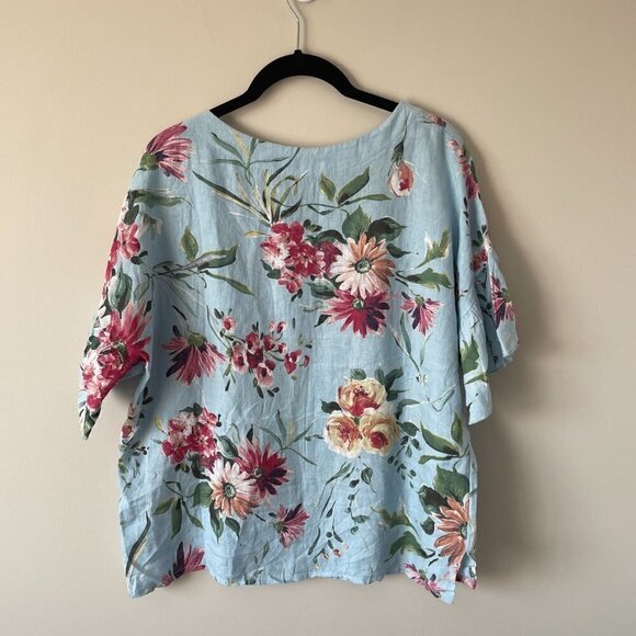 BELLAMBRA Floral Blouse Linen Short Sleeve Round Neck Pullover Blue Red Small - Picture 3 of 9